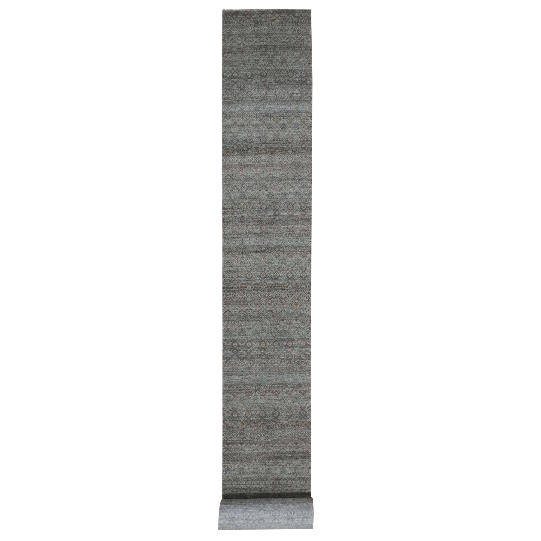 2'6"x26' Sage Green, Kohinoor Herat Pattern, Small Geometric Repetitive Diamond Design, Hand Knotted, Soft Wool, Tone on Tone, XL Runner, Oriental Rug 